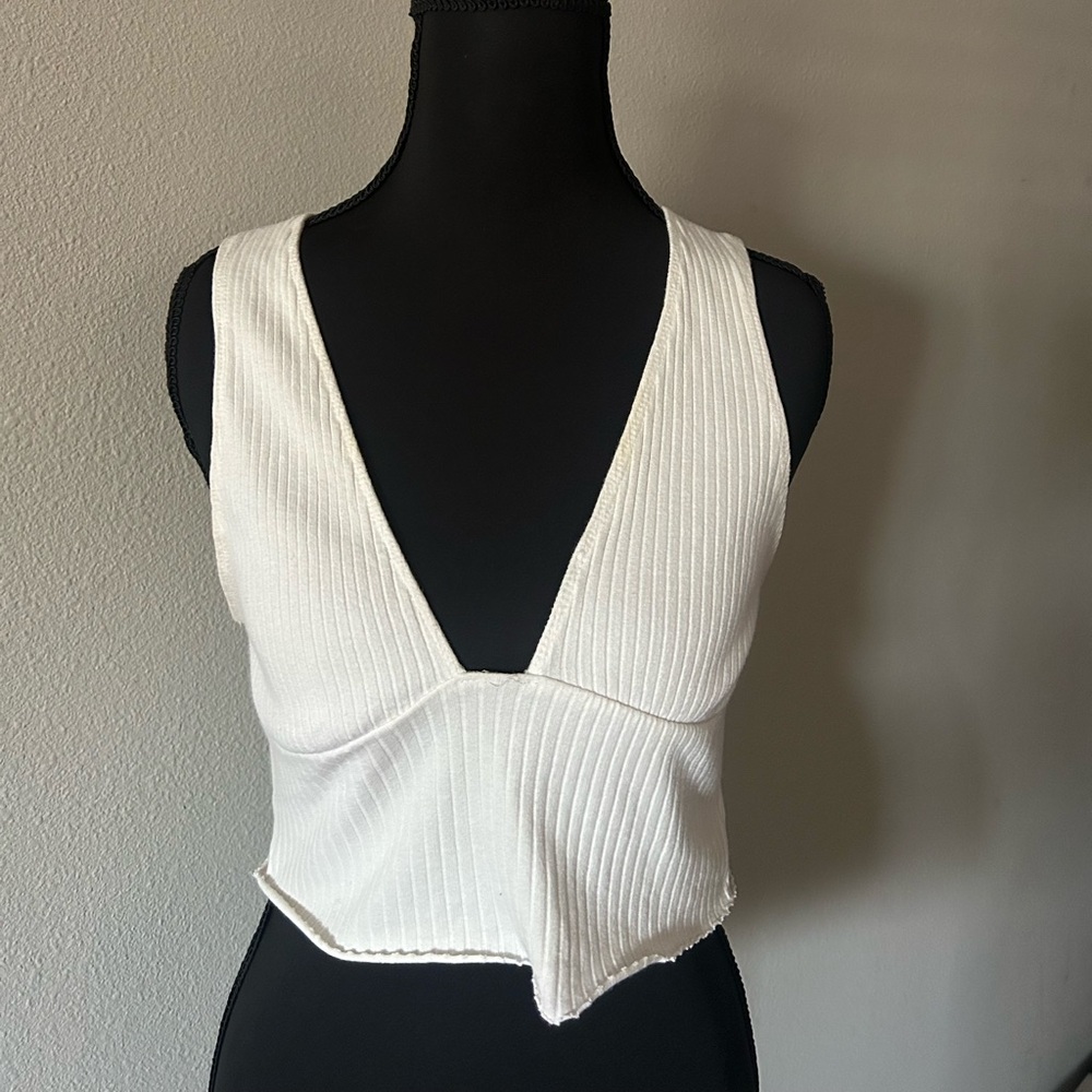 White Ribbed V-Neck Women's Top
